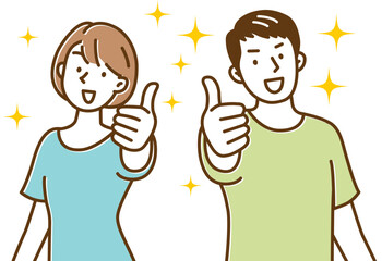 グッドサインを出す若い男女_キラキラ