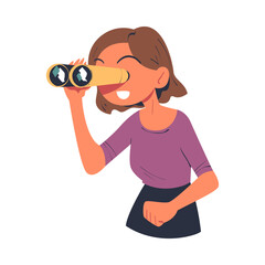 Happy Woman Character with Binoculars Looking Into the Distance with Curious Face Vector Illustration