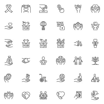 Charity and donation line icons set