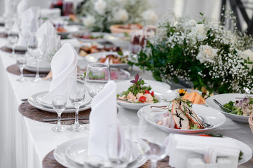 Top view of buffet table with assortment of healthy hearty food, banquet and appetizer, restaurant menu concept.