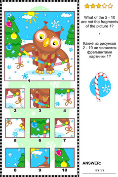 Christmas, winter or New Year visual logic puzzle with owl and garland: What of the 2 - 10 are not the fragments of the picture 1? Answer included.
