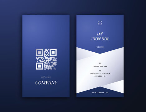Elegant Stylish Vertical Business Card Template, Dark Blue and Silver Metalic
