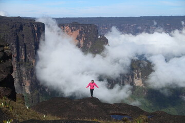 Fototapeta premium Mulher não identificada de casaco rosa no topo do Monte roraima 