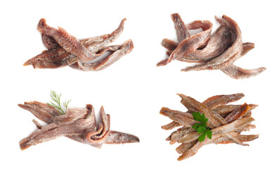 Fototapeta premium Set with delicious anchovy fillets on white background, top view