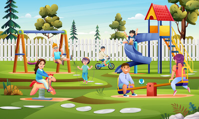 Children playing on playground with slide, swing, bicycle and seesaw vector illustration