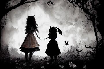 Alice and White Rabbit. Grunge silhouette art