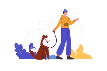 Man walks with his dog at city park. Owner is actively spending time with his companion pet, people scene isolated. Domestic animal care, friendship concept. Illustration in flat minimal design