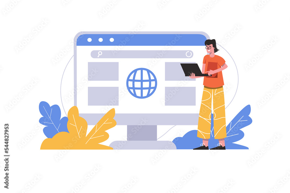 Wall mural man browsing news using laptop. user interacts with browser interface at search page, people scene i