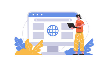 Man browsing news using laptop. User interacts with browser interface at search page, people scene isolated. Online communication, internet surfing concept. Illustration in flat minimal design