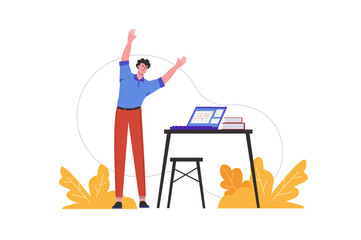 Man does warm-up at workplace in office. Employee doing exercises while working, people scene isolated. Healthy lifestyle and physical activity concept. Illustration in flat minimal design