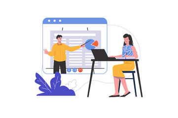 Woman studies at home using laptop and watches video lecture. Student learns lesson on internet, people scene isolated. Online education and courses concept. Illustration in flat minimal design