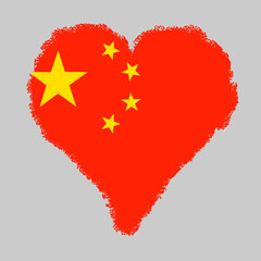 China colorful flag in heart shape with brush stroke style isolated on grey background