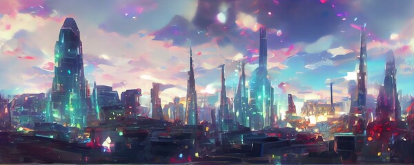 Sci-Fi cityscape with crystal elements. Futuristic city scene panorama. Sci fi wallpaper. Retro future 3D illustration. Urban scene. Great as background or for your art projects. - obrazy, fototapety, plakaty