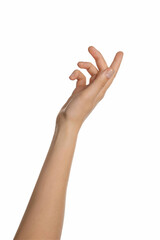 Woman holding something on white background, closeup of hand