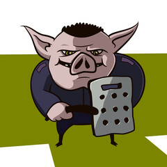 Pig guard policeman with baton and shield. Vector cartoons