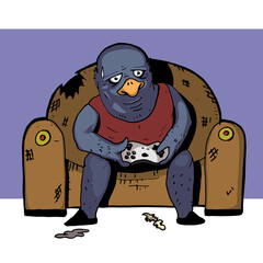 sad dove (or penguin) on the couch is playing video games. Vector character