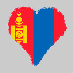 Mongolia colorful flag in heart shape with brush stroke style isolated on grey background