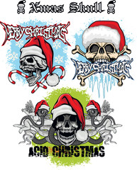 set Xmas sign with skull in hat of Santa Claus, grunge vintage design t shirts
