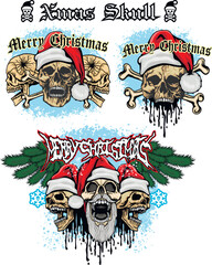 set Xmas sign with skull in hat of Santa Claus, grunge vintage design t shirts