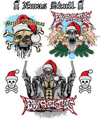 set Xmas sign with skull in hat of Santa Claus, grunge vintage design t shirts