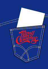 Lettering merry christmas on the back pocket of classic blue jeans with blank card for your text  , Mockup blank greeting card for christmas time,