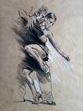 Couple Man And Woman Dancing Salsa Tango Art Drawing 