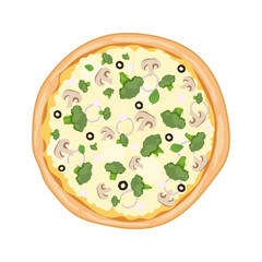 Vegetarian pizza with mushrooms, broccoli and olives. Whole pizza isolated on the white baackground. Top view. Flat vector illustration 