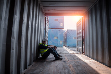 Engineer or worker sit close to cargo container look like tired after work in workplace area for long time and look serious with work is worker business industry concept. - obrazy, fototapety, plakaty