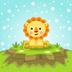 Obraz na płótnie Canvas Cute lion wild animal. Vector illustration of funny happy animals. Illustrations for printing such as book covers, flyers, cards, education, wallpapers, banners and others.