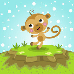Obraz na płótnie Canvas Cute monkey wild animal. Vector illustration of funny happy animals. Illustrations for printing such as book covers, flyers, cards, education, wallpapers, banners and others.
