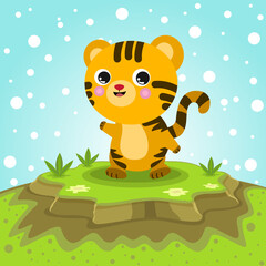 Obraz na płótnie Canvas Cute tiger wild animal. Vector illustration of funny happy animals. Illustrations for printing such as book covers, flyers, cards, education, wallpapers, banners and others.