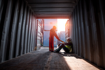 Industrial engineer worker holding hand by encourage and cheer up after hard working at container dock yard transportation import or export site. Teamwork and friendship industry workplace concept