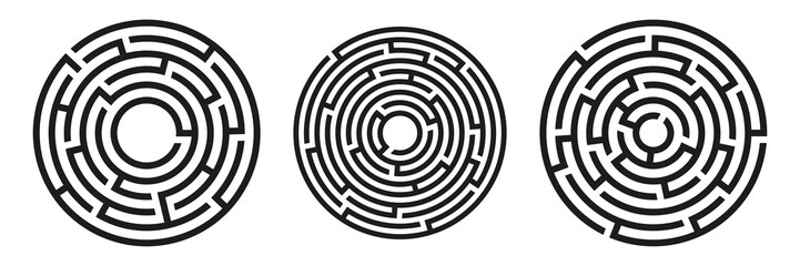 Black circle vector mazes isolated on white background. Black labyrinths with one and three entrances. Vector maze icon. Labyrinth symbol. Circle puzzle