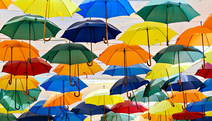 Fototapeta na wymiar Background of many hanging colorful umbrellas decorating the street of a town