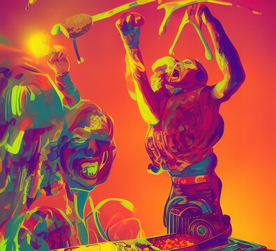 A psychedelic portrait of jerma 9 8 5 standing on a meat grinder, laughing and screaming, vibrant color scheme, 