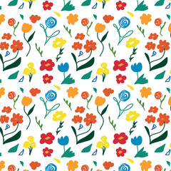 Fototapeta na wymiar Hand drawn naive abstract floral print. Cute collage pattern. Fashionable template for design.