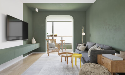 Contemporary style living room interior decorated with green wall. 3D illustration