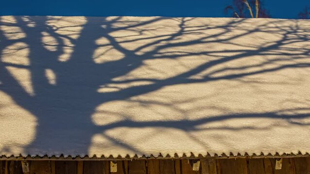 forward moving shadow of a tree in the sun on a snowy roof. Time lapse shot