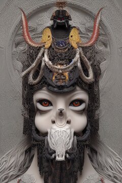 3 d goddess close - up profile portrait occult monk with ram skull