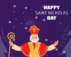 Saint Nicholas day greeting card. Banner on dark night background. Vector doodle cartoon illustration.