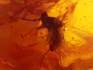 Hyper-realistic 3d rendering of the detail of a fly embedded in an amber gem.