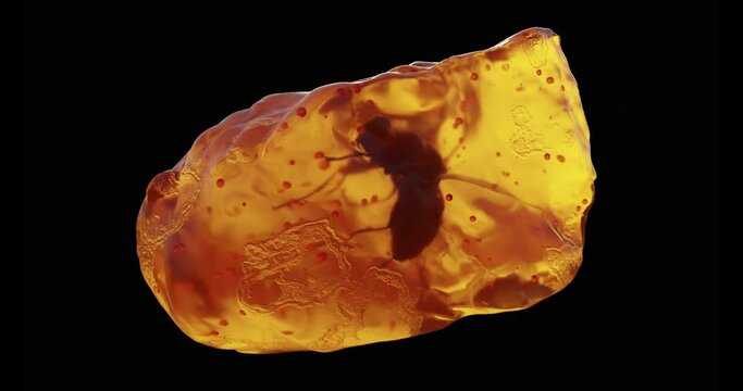 Hyper Realistic 3d render of an amber with embedded fly on a black background.