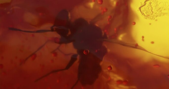 Hyper-realistic 3d rendering of the detail of a fly embedded in an amber gem.