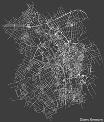 Detailed negative navigation white lines urban street roads map of the German regional capital city of DÜREN, GERMANY on dark gray background