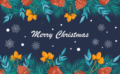 Fototapeta na wymiar New Year garland with the inscription merry Christmas. Green pine, fir branches, berries, beautiful silhouettes of snowflakes, cones. Greeting banner, postcard, poster 2023. Vector winter botanical