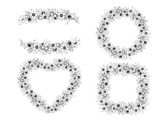 Elegant hand drawn floral wreaths set. Doodle monochrome pasque flower frames. Stock vector illustration.
