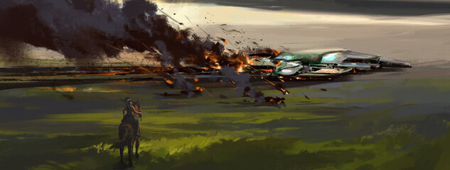 A spaceship crashed on the wasteland, 3D illustration. © liuzishan