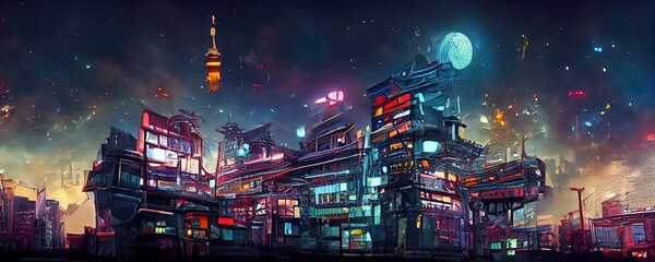 Cyberpunk neon city night. Futuristic city scene panorama. Sci fi wallpaper. Retro future 3D illustration. Urban scene. Great as background or for your art projects.
