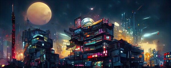 Fototapeta na wymiar Cyberpunk neon city night. Futuristic city scene panorama. Sci fi wallpaper. Retro future 3D illustration. Urban scene. Great as background or for your art projects. 