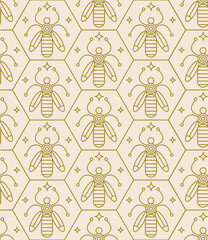 Pattern with hexagons. Bees and honeycombs. Boho chic wallpaper. Golden pattern with bees. Linear pattern in bohemian style.